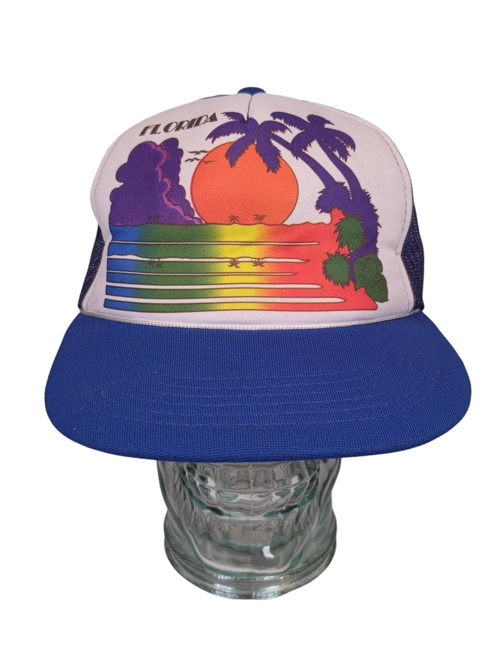 Vintage 80s 90s Florida Sunset Rainbow Mesh Snapback Trucker Hat Made In Korea
